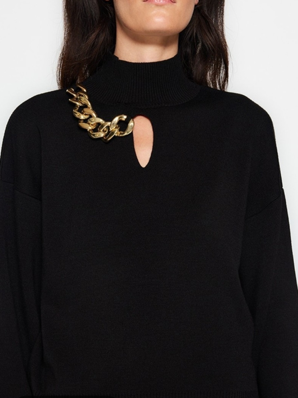 Black Keyhole Turtleneck Sweater with Chain Detail